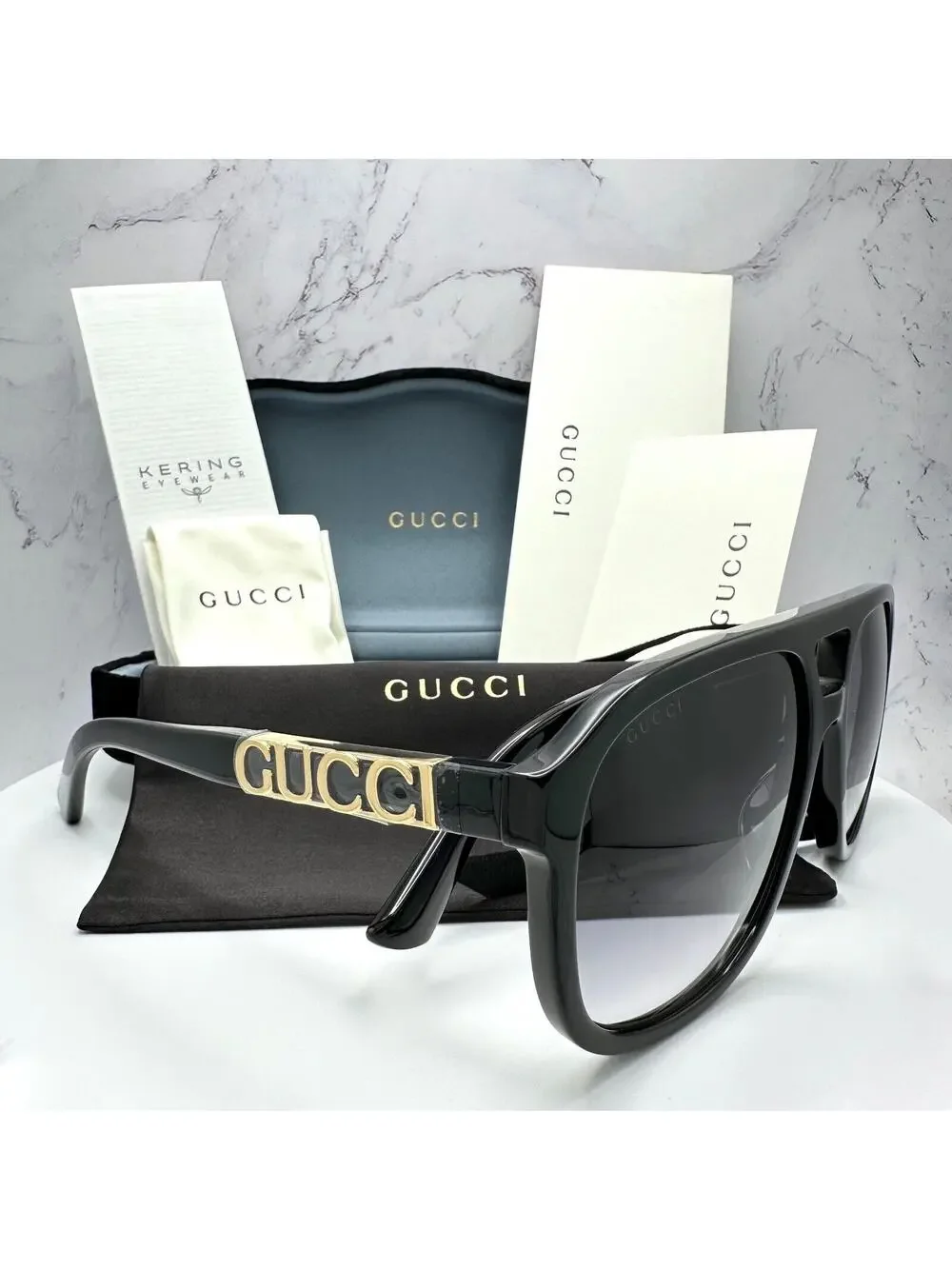 New GUCCI Sunglasses Black Acetate Pilot Aviator 58mm Navigator Gold Metal Logo